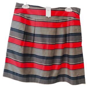 Banana Republic Navy Blue Red Bronze Stripe Pleated Lined Side Zip Pencil Skirt